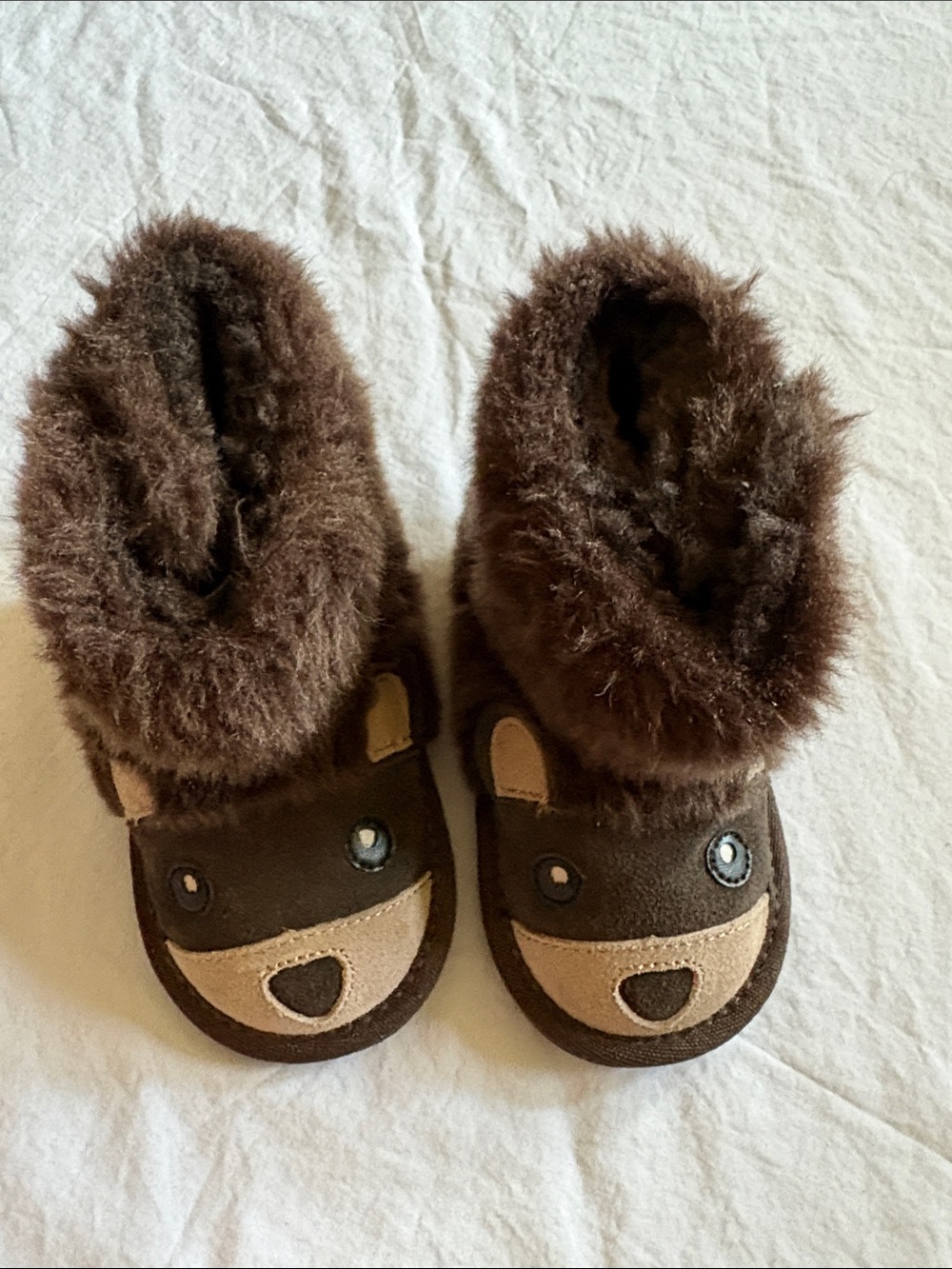 Mud Australia Brown Bear Fur-Trim Kids Slippers